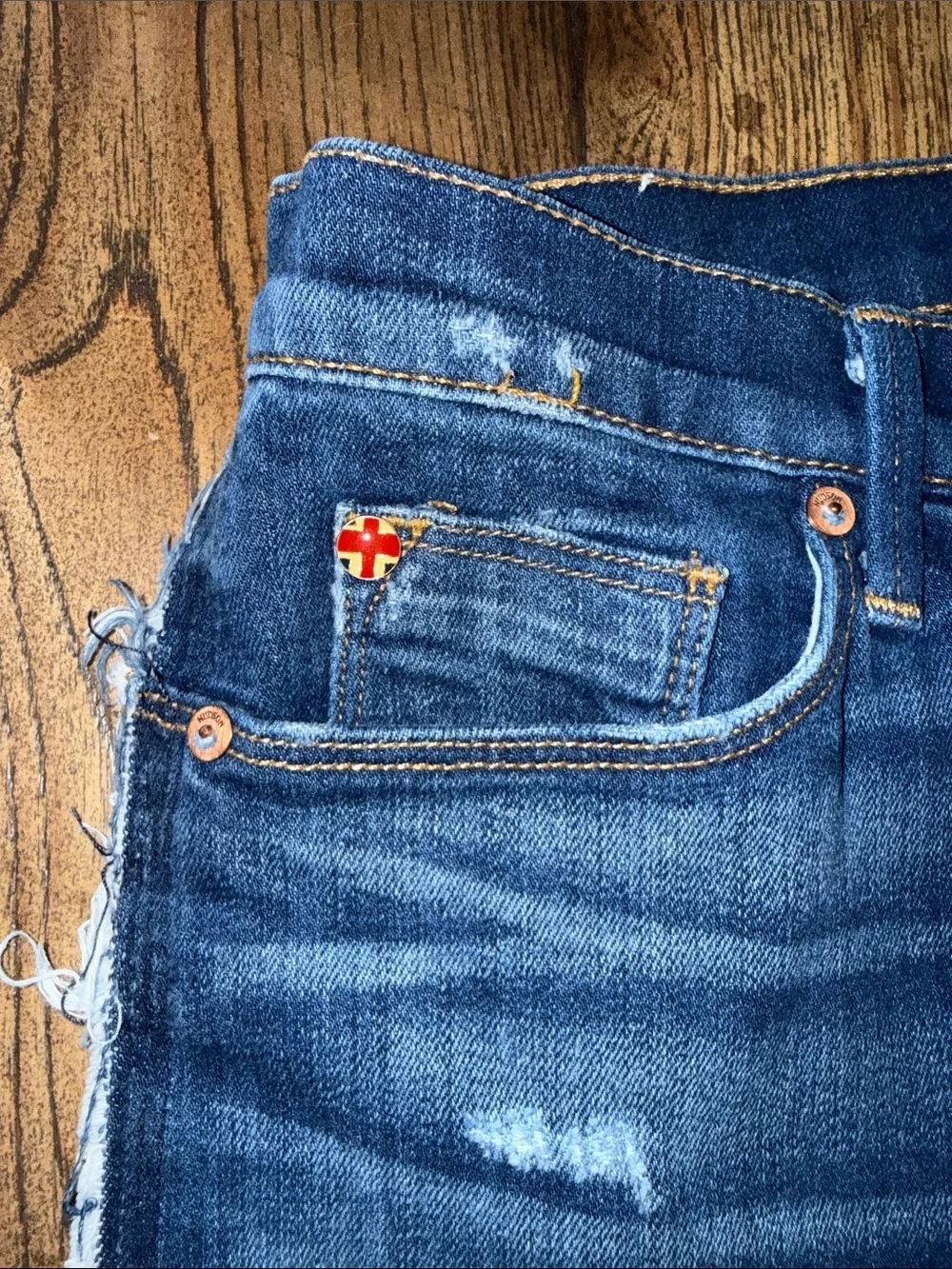 Hudson Jeans Amber Raw Edge Distressed Dark Blue Denim Cutoff Shorts